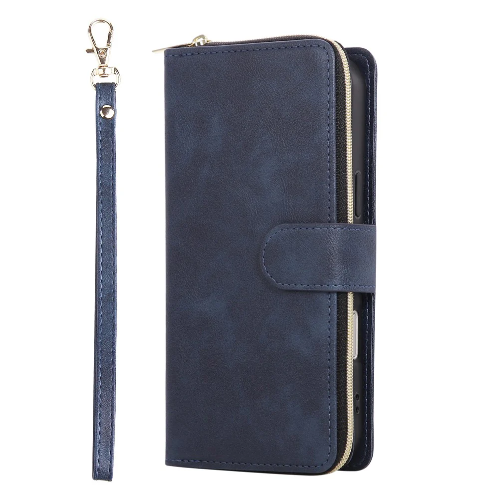 For iPhone 17 Pro Max Case Zipper Pocket 9 Card Slots PU Leather Phone Cover with Hand Strap - Blue - Image 6