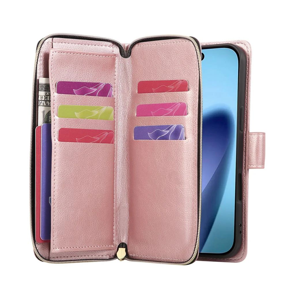 For iPhone 17 Pro Max Case Zipper Pocket 9 Card Slots PU Leather Phone Cover with Hand Strap - Rose Gold - Image 2