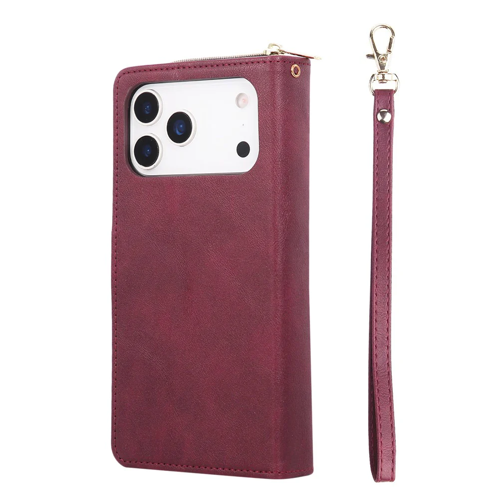 For iPhone 17 Pro Max Case Zipper Pocket 9 Card Slots PU Leather Phone Cover with Hand Strap - Wine Red - Image 7
