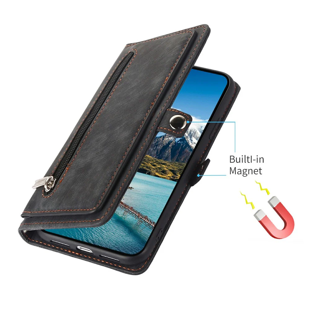 For iPhone 17 Pro Max Case Zipper Pocket 9 Card Slots PU Leather Phone Cover with Wrist Strap - Black - Image 5