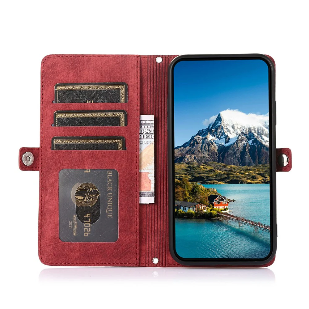 For iPhone 17 Pro Max Case Zipper Pocket 9 Card Slots PU Leather Phone Cover with Wrist Strap - Red - Image 4