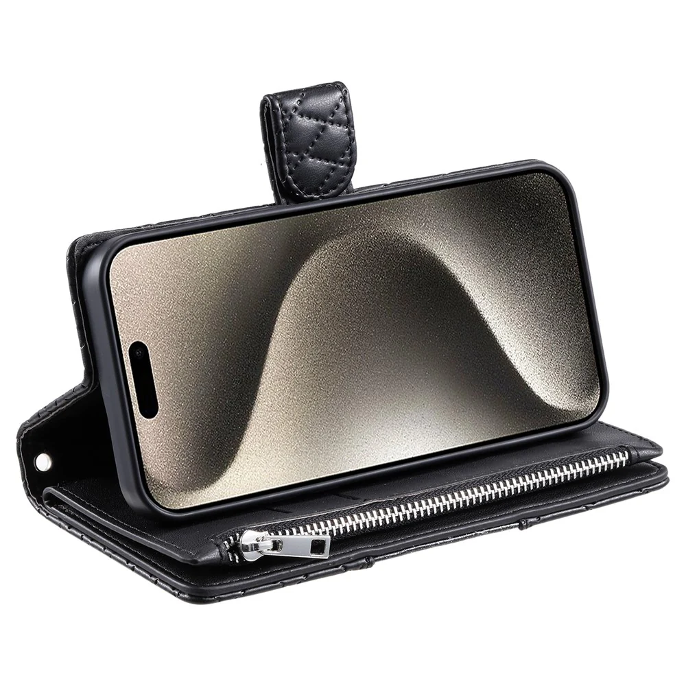 For iPhone 17 Pro Max Case Zipper Pocket Glitter Leather Phone Cover with Wrist Strap - Black - Image 3