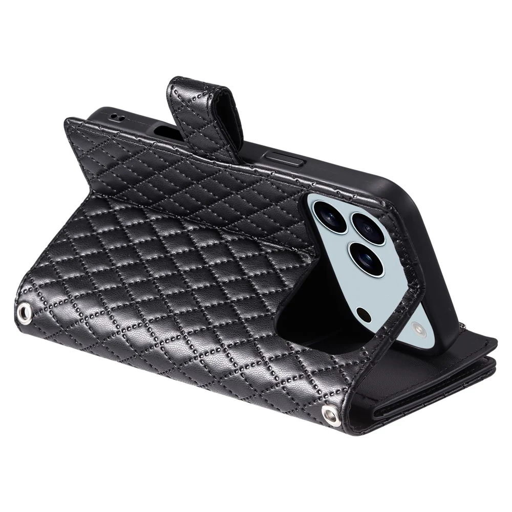 For iPhone 17 Pro Max Case Zipper Pocket Glitter Leather Phone Cover with Wrist Strap - Black - Image 4