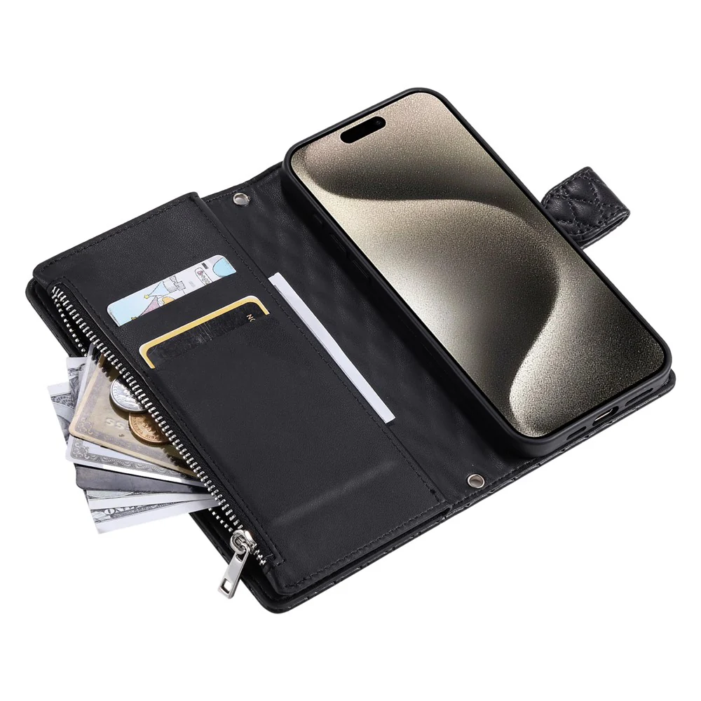 For iPhone 17 Pro Max Case Zipper Pocket Glitter Leather Phone Cover with Wrist Strap - Black - Image 5