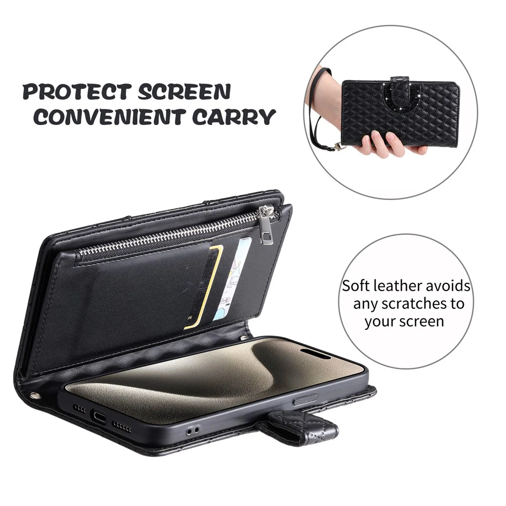 For iPhone 17 Pro Max Case Zipper Pocket Glitter Leather Phone Cover with Wrist Strap - Black - Image 7