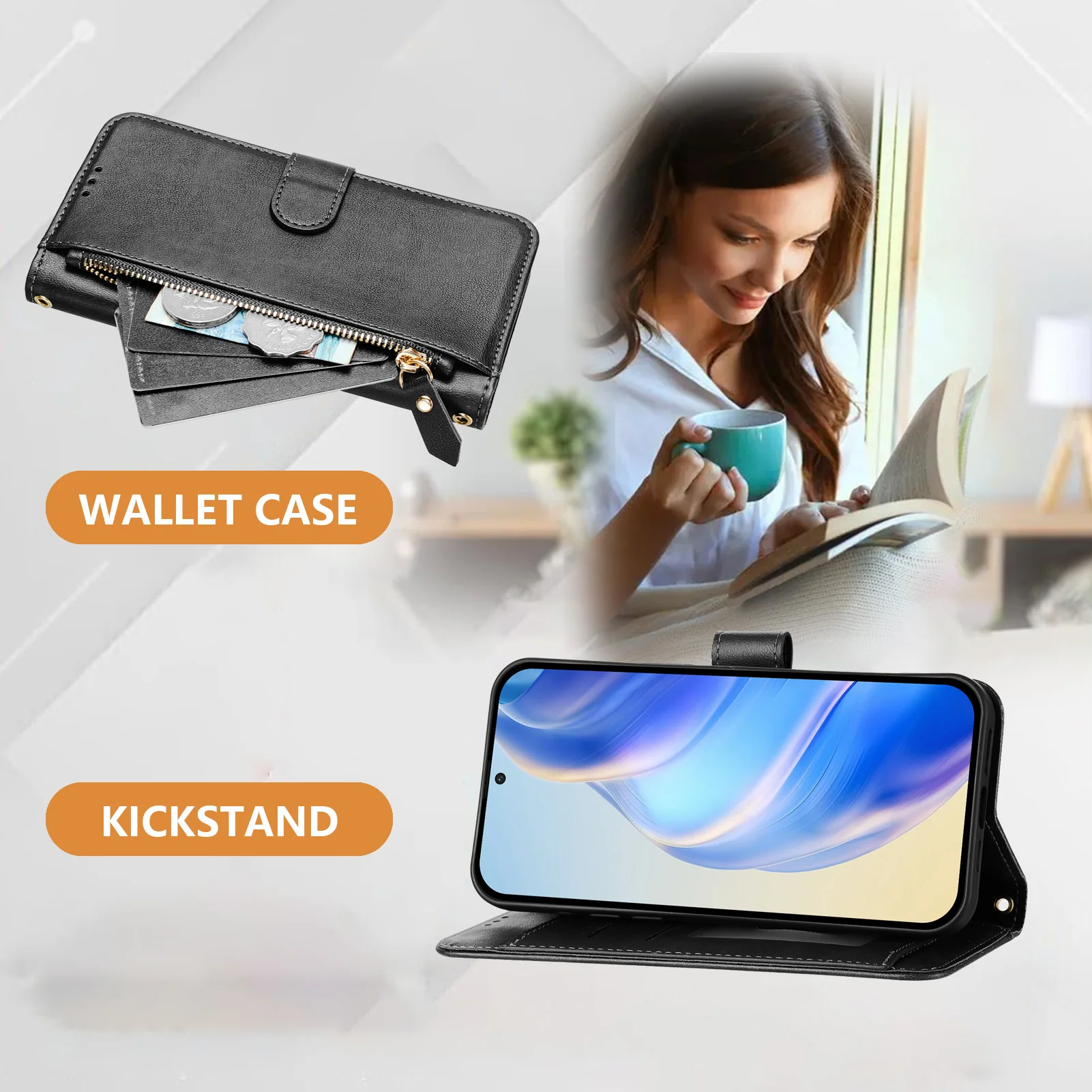 For iPhone 17 Pro Max Case Zipper Pocket Multiple Card Slots Leather Phone Cover - Black - Image 3