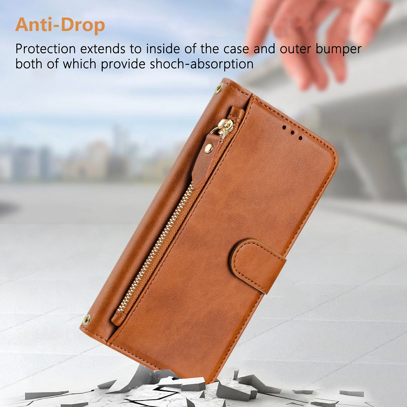 For iPhone 17 Pro Max Case Zipper Pocket Multiple Card Slots Leather Phone Cover - Brown - Image 8