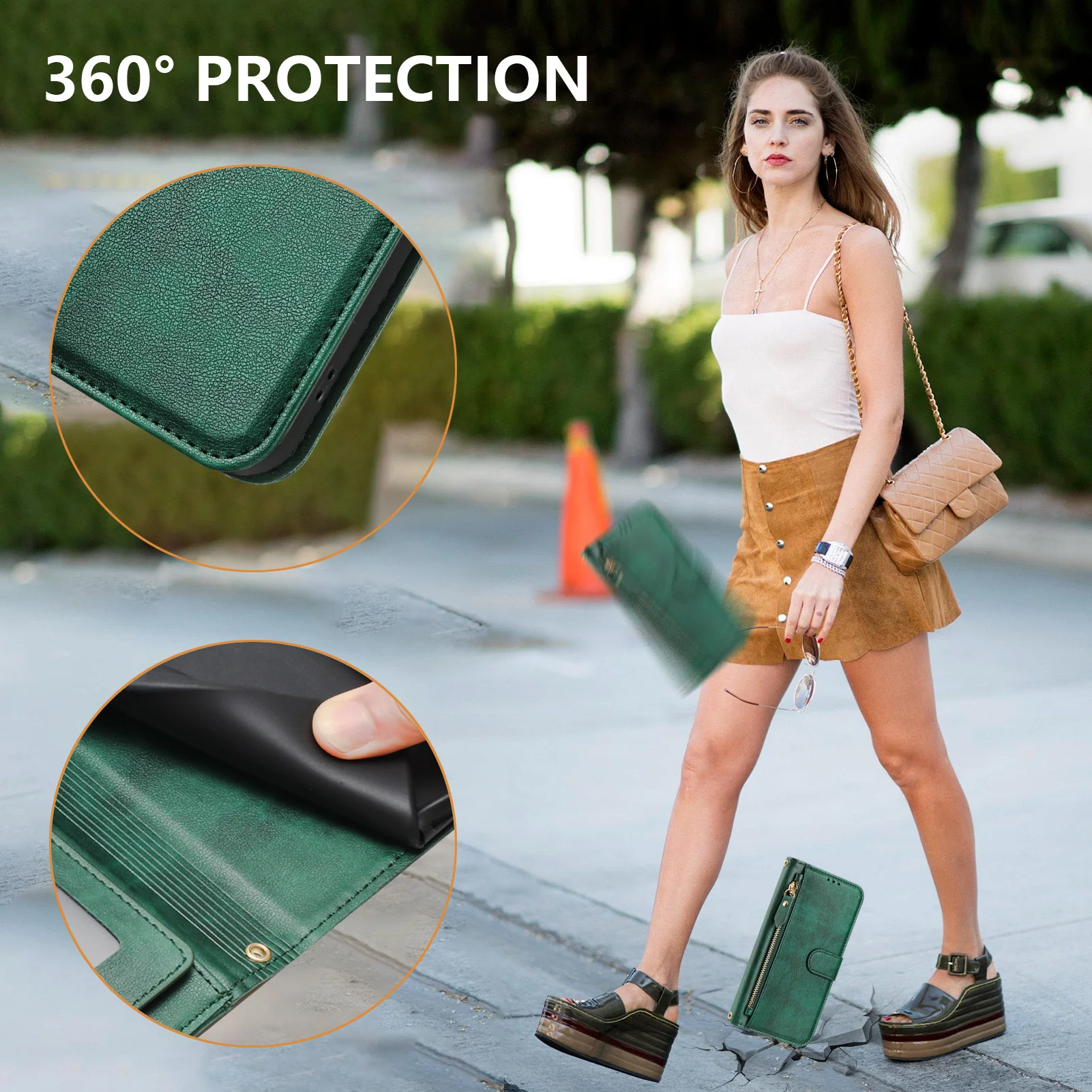 For iPhone 17 Pro Max Case Zipper Pocket Multiple Card Slots Leather Phone Cover - Green - Image 3