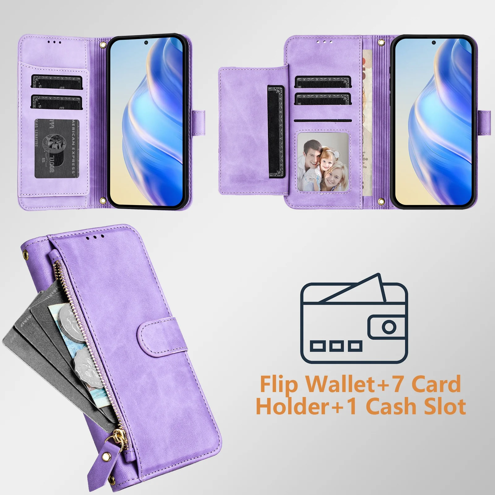 For iPhone 17 Pro Max Case Zipper Pocket Multiple Card Slots Leather Phone Cover - Purple - Image 6