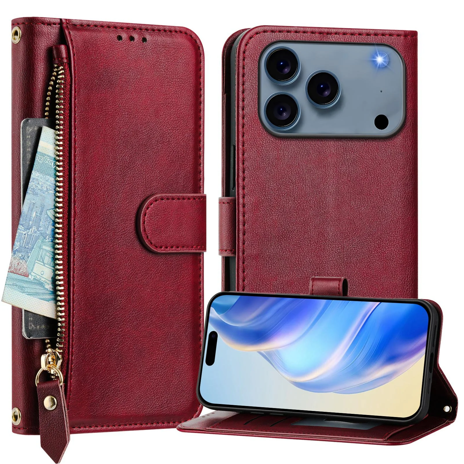For iPhone 17 Pro Max Case Zipper Pocket Multiple Card Slots Leather Phone Cover - Red - Image 2
