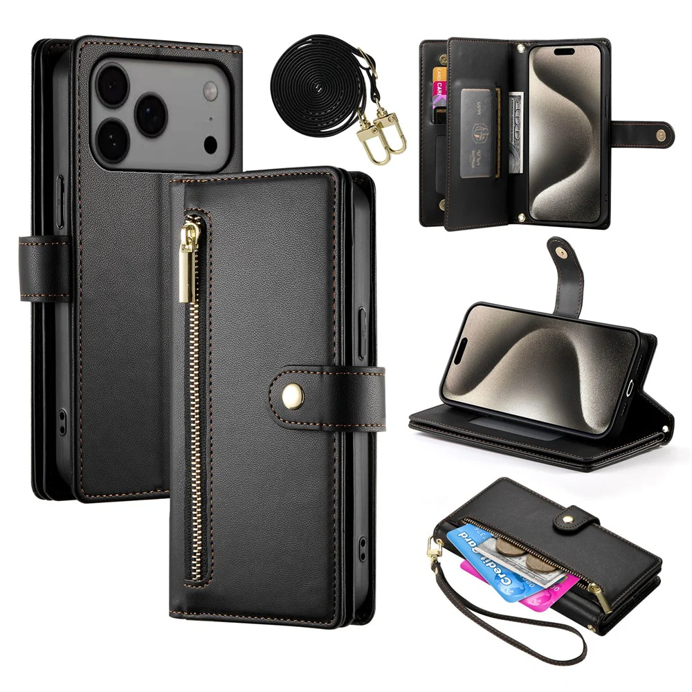 For iPhone 17 Pro Max Case Zipper Pocket Wallet Leather Phone Cover with Straps - Black
