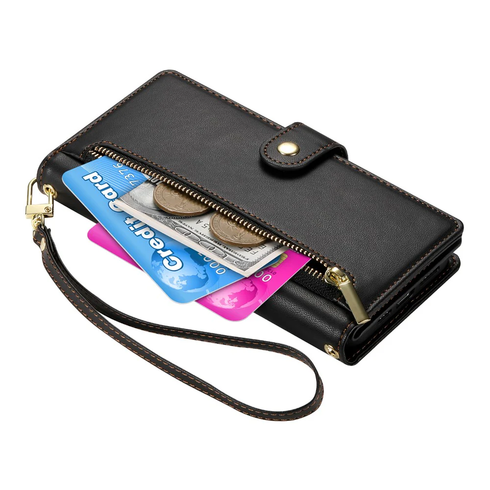 For iPhone 17 Pro Max Case Zipper Pocket Wallet Leather Phone Cover with Straps - Black - Image 6
