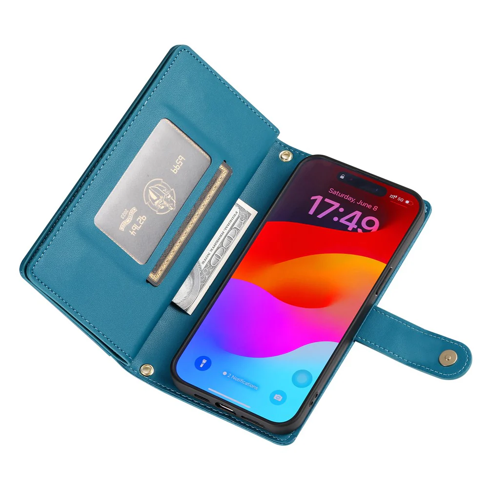 For iPhone 17 Pro Max Case Zipper Pocket Wallet Leather Phone Cover with Straps - Blue - Image 5