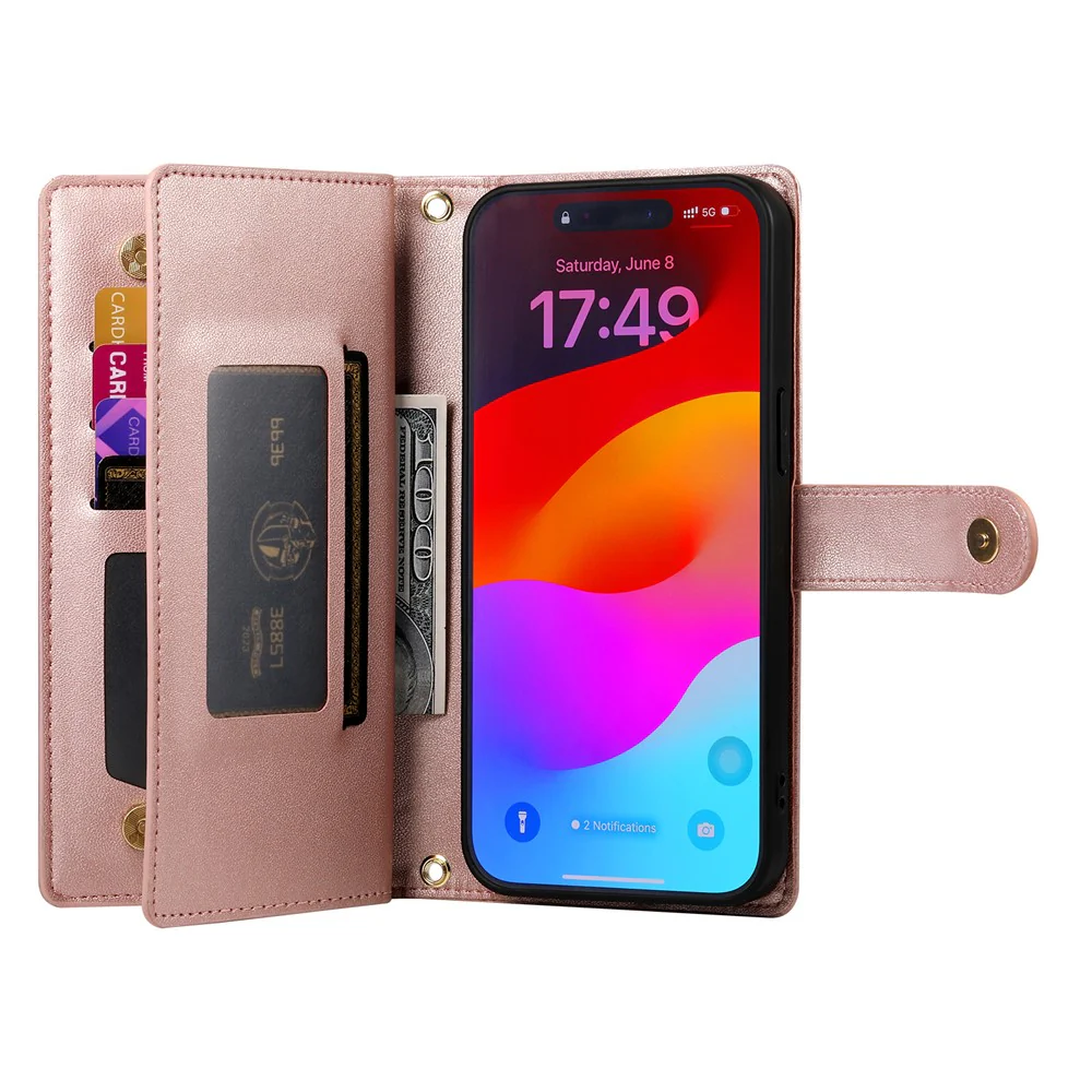 For iPhone 17 Pro Max Case Zipper Pocket Wallet Leather Phone Cover with Straps - Pink - Image 2
