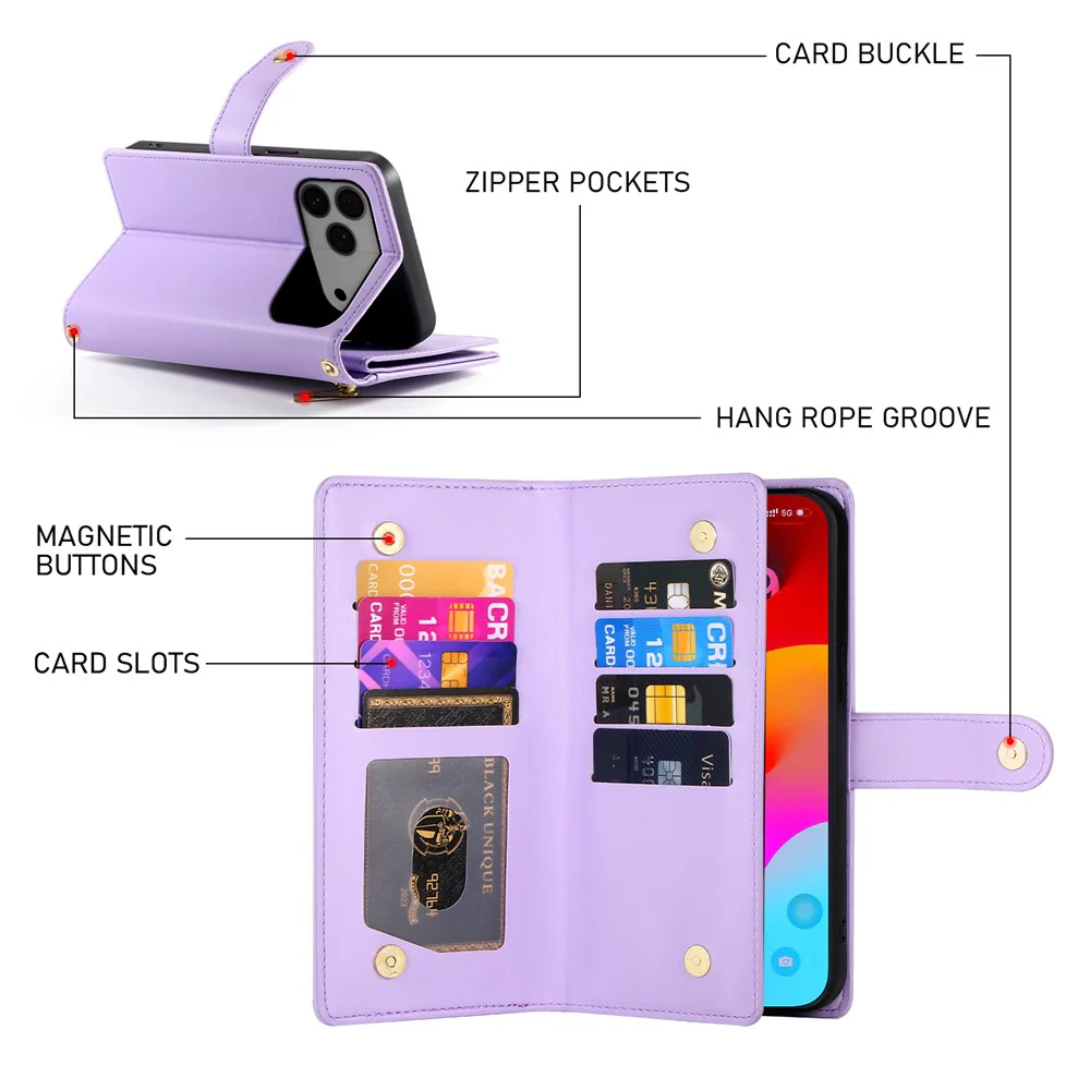 For iPhone 17 Pro Max Case Zipper Pocket Wallet Leather Phone Cover with Straps - Purple - Image 4