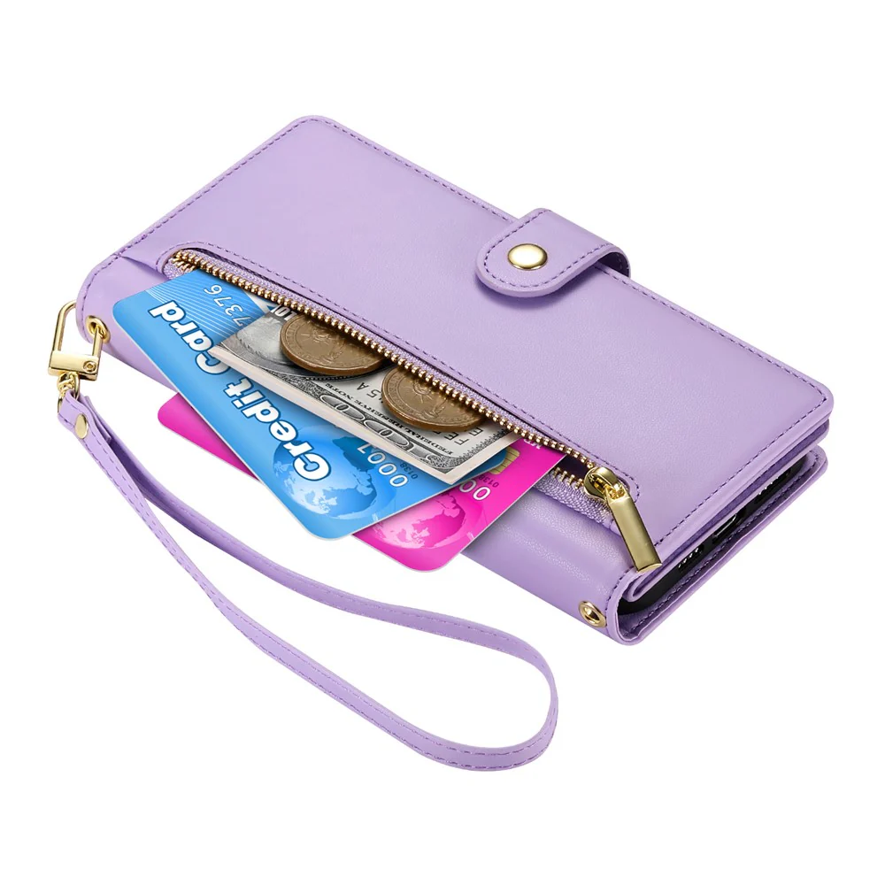 For iPhone 17 Pro Max Case Zipper Pocket Wallet Leather Phone Cover with Straps - Purple - Image 6