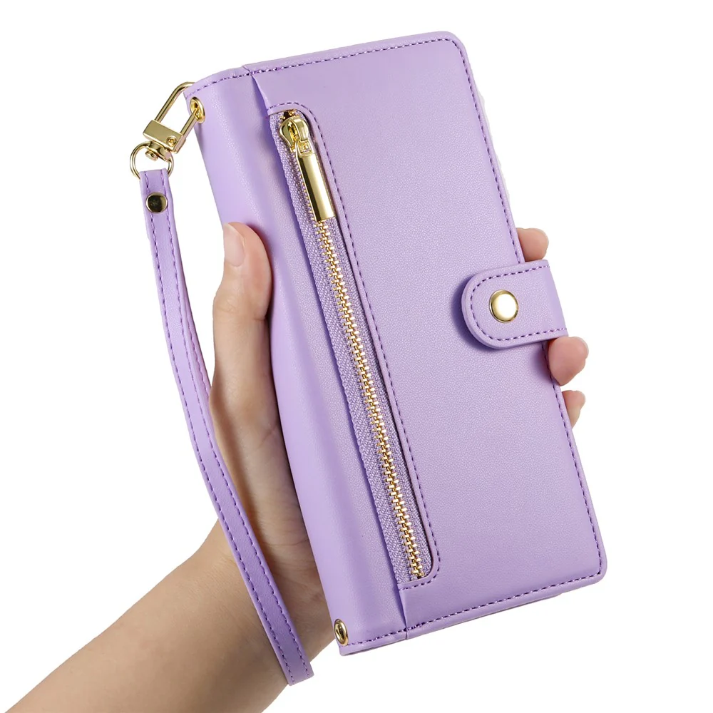For iPhone 17 Pro Max Case Zipper Pocket Wallet Leather Phone Cover with Straps - Purple - Image 7