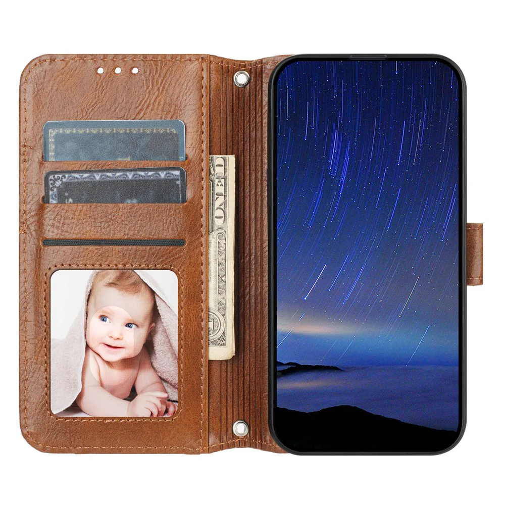 For iPhone 17 Pro Max Case Zipper Pocket Wallet Leather Phone Cover with Wrist Strap - Brown - Image 3