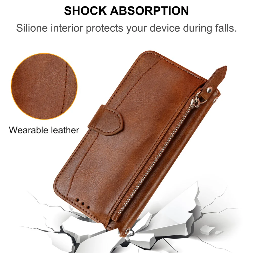 For iPhone 17 Pro Max Case Zipper Pocket Wallet Leather Phone Cover with Wrist Strap - Brown - Image 7