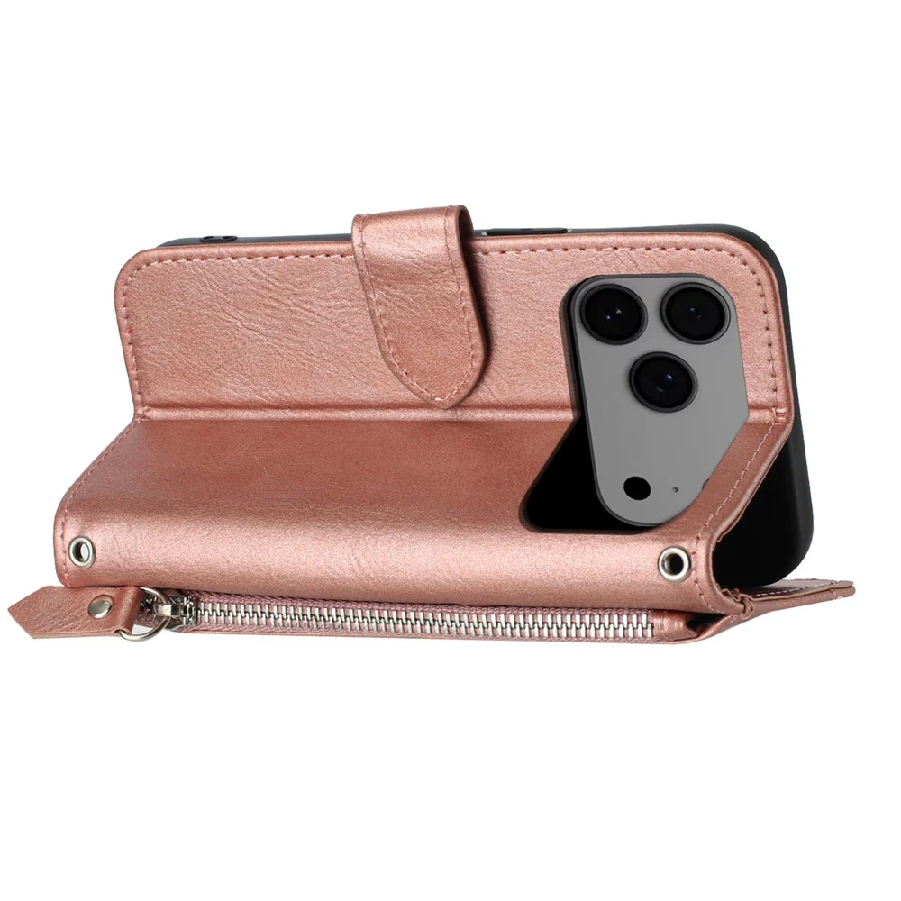 For iPhone 17 Pro Max Case Zipper Pocket Wallet Leather Phone Cover with Wrist Strap - Rose Gold - Image 4