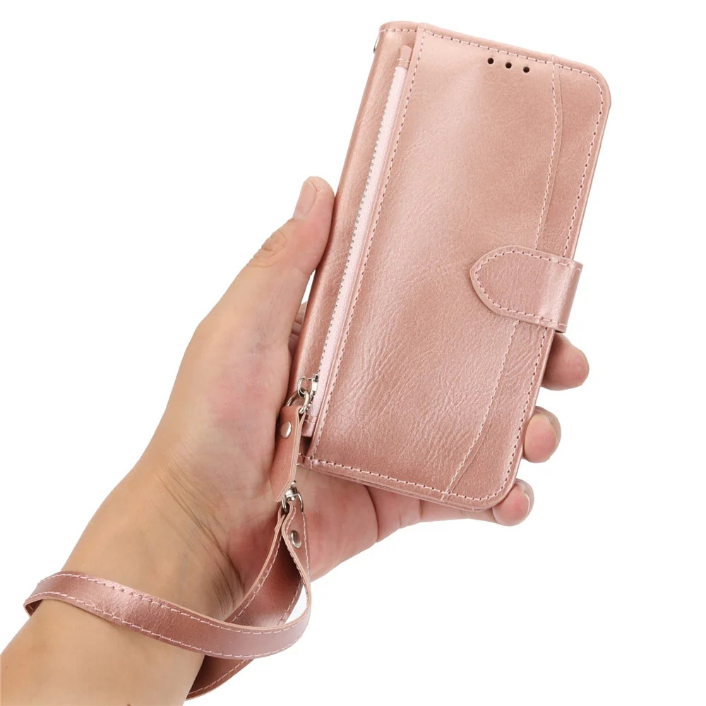 For iPhone 17 Pro Max Case Zipper Pocket Wallet Leather Phone Cover with Wrist Strap - Rose Gold - Image 5
