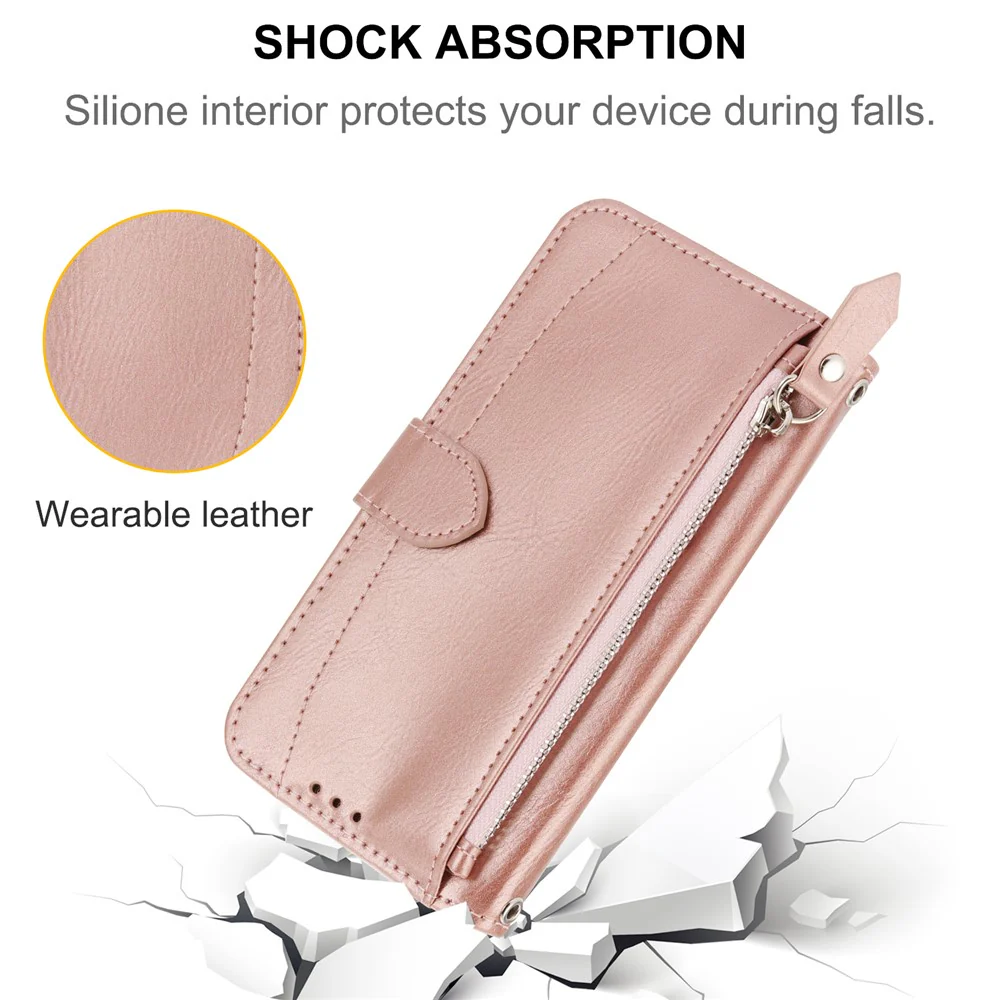 For iPhone 17 Pro Max Case Zipper Pocket Wallet Leather Phone Cover with Wrist Strap - Rose Gold - Image 7