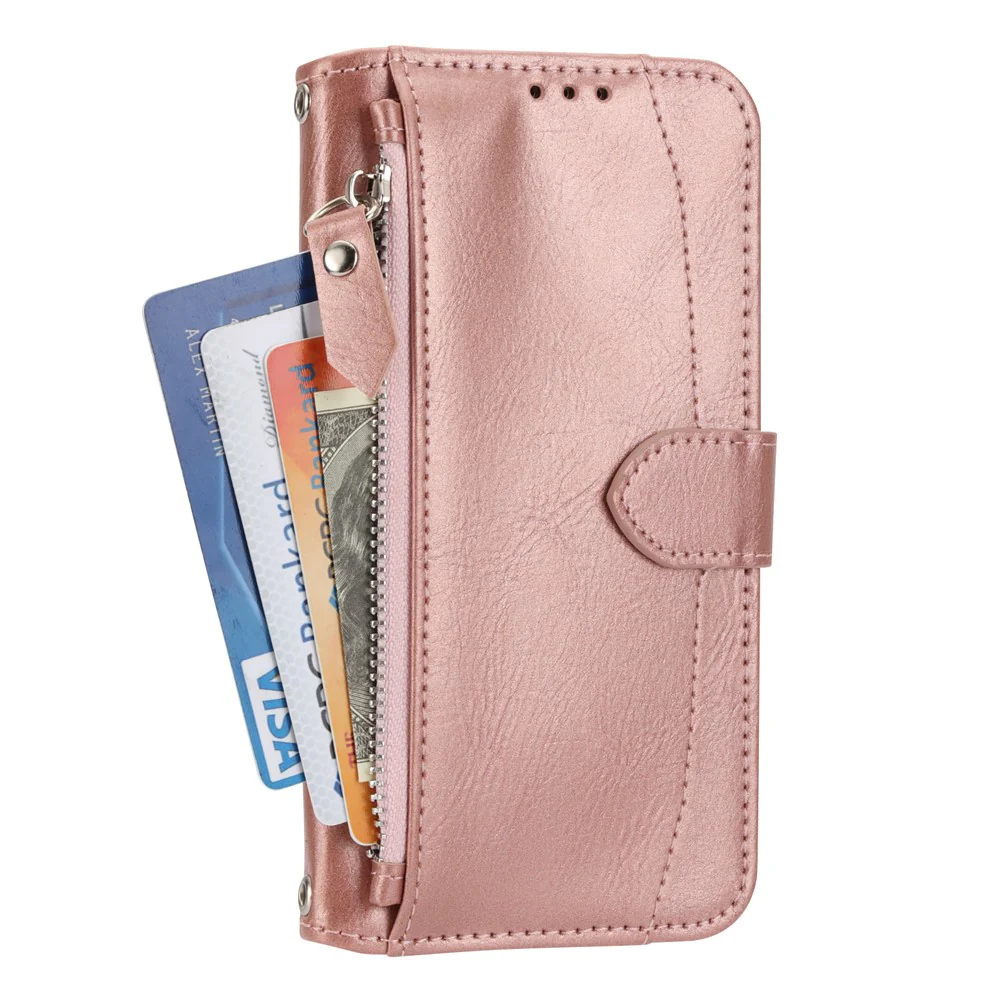 For iPhone 17 Pro Max Case Zipper Pocket Wallet Leather Phone Cover with Wrist Strap - Rose Gold - Image 8