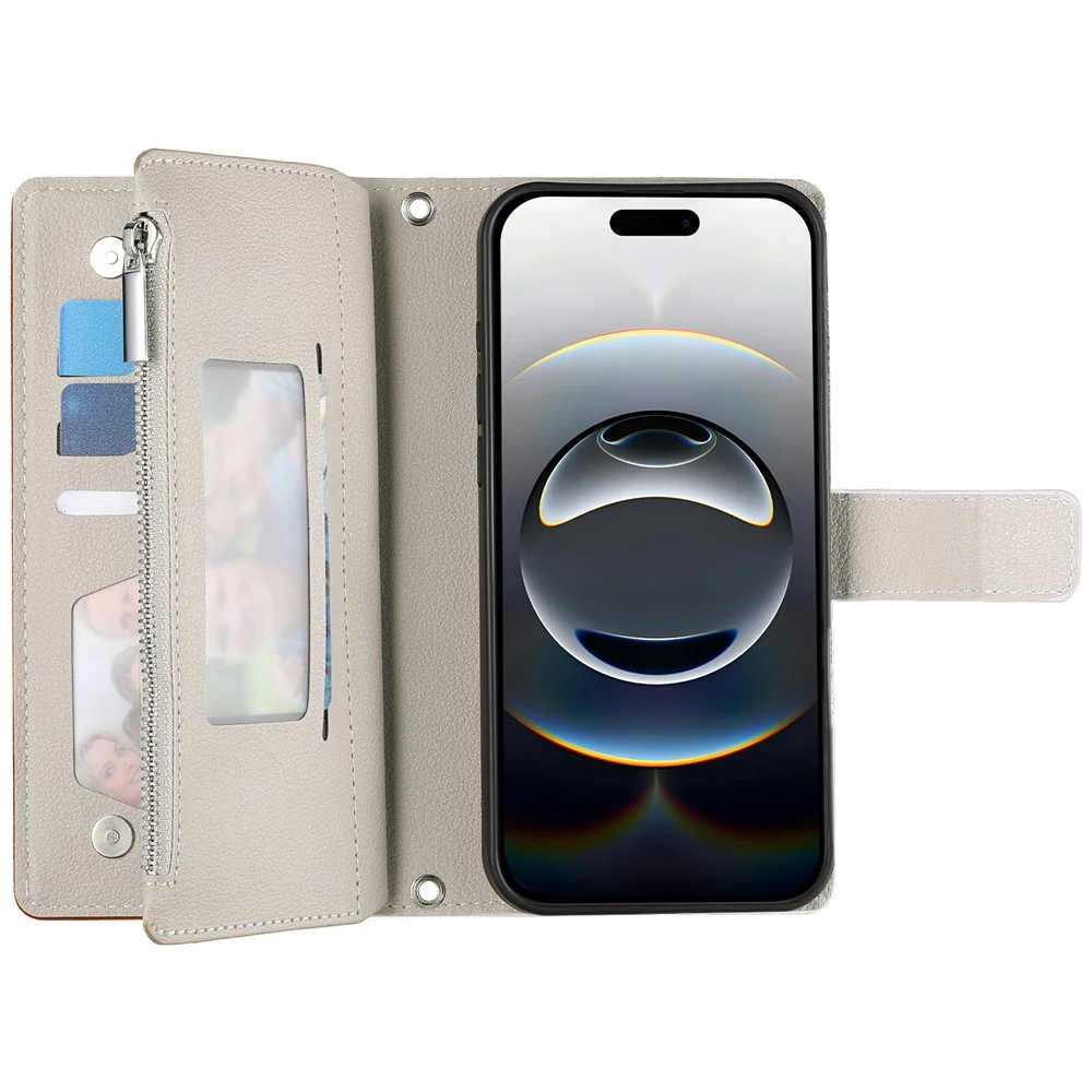 For iPhone 17 Pro Max Case Zipper Wallet Color Splicing Leather Flip Phone Cover with Straps - Brown - Image 2