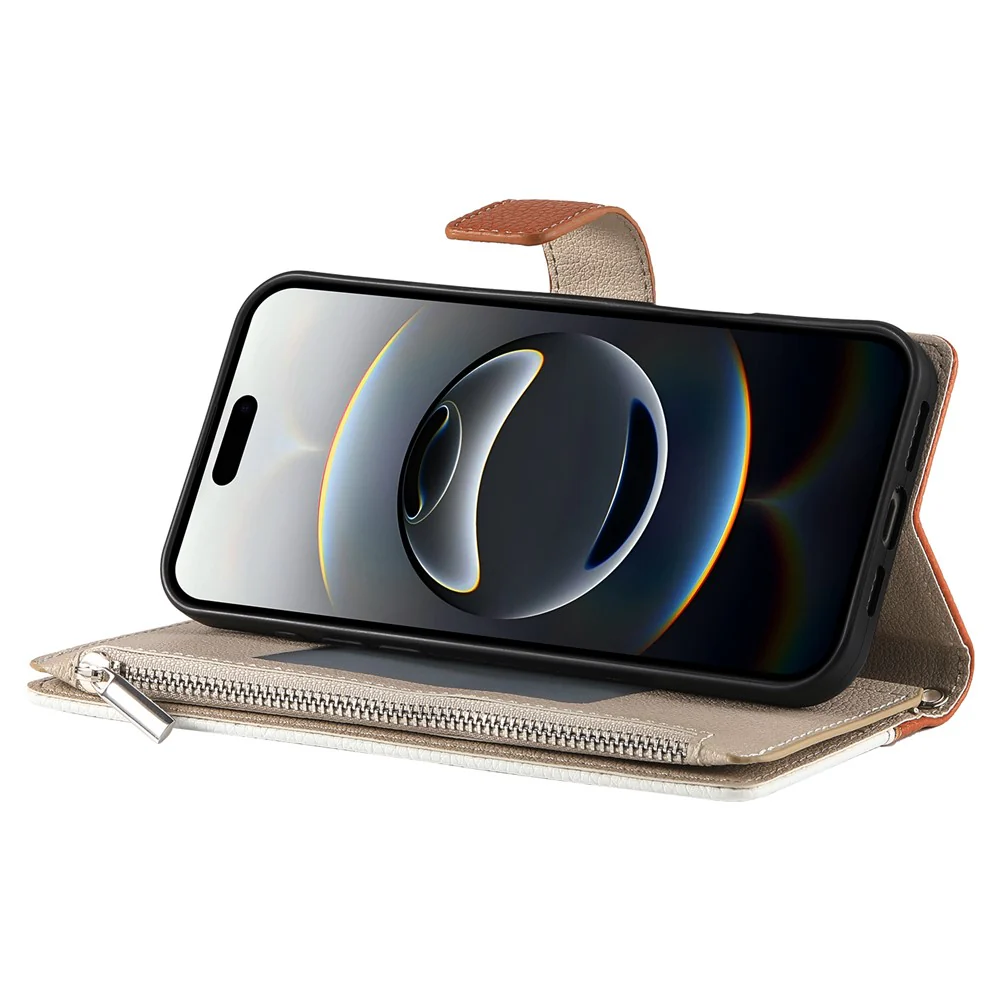 For iPhone 17 Pro Max Case Zipper Wallet Color Splicing Leather Flip Phone Cover with Straps - Brown - Image 3
