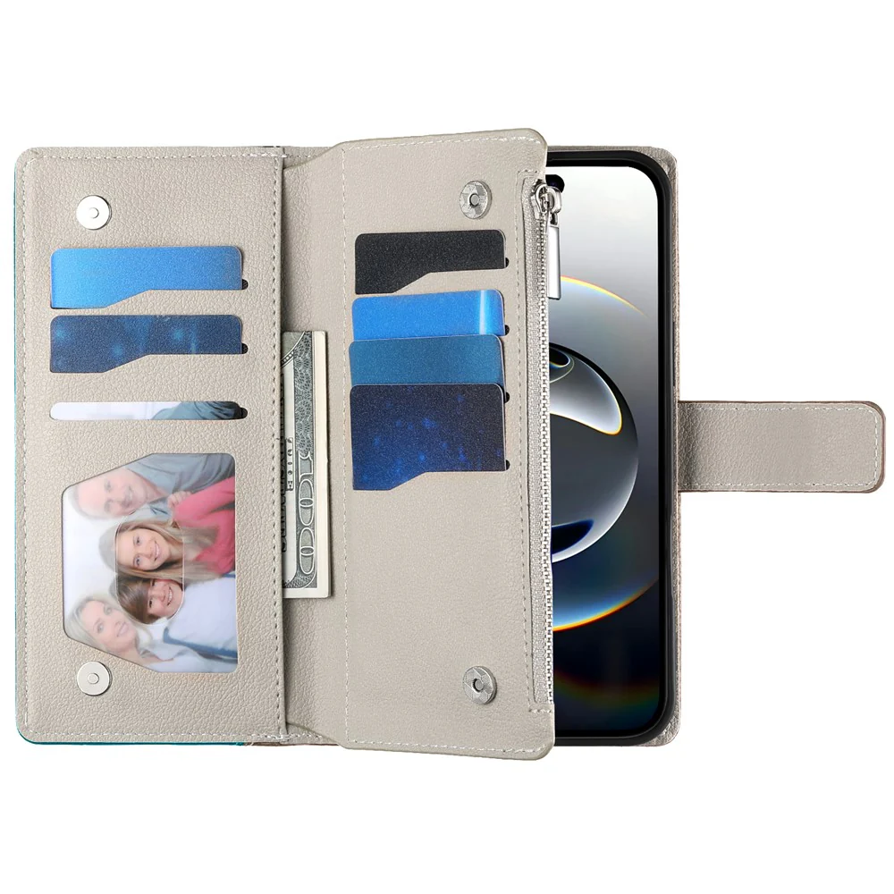 For iPhone 17 Pro Max Case Zipper Wallet Color Splicing Leather Flip Phone Cover with Straps - Lake Blue - Image 6