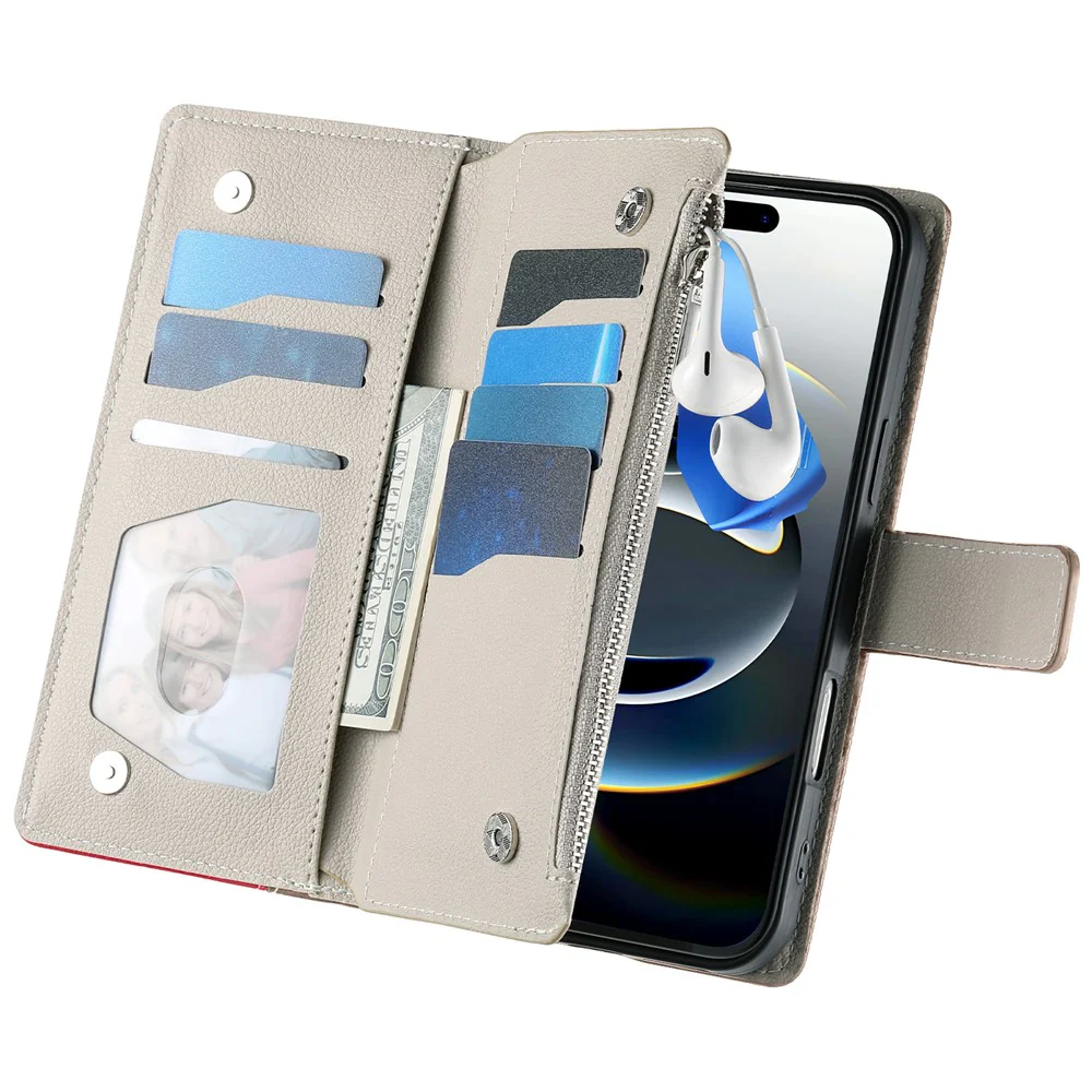 For iPhone 17 Pro Max Case Zipper Wallet Color Splicing Leather Flip Phone Cover with Straps - Red - Image 5