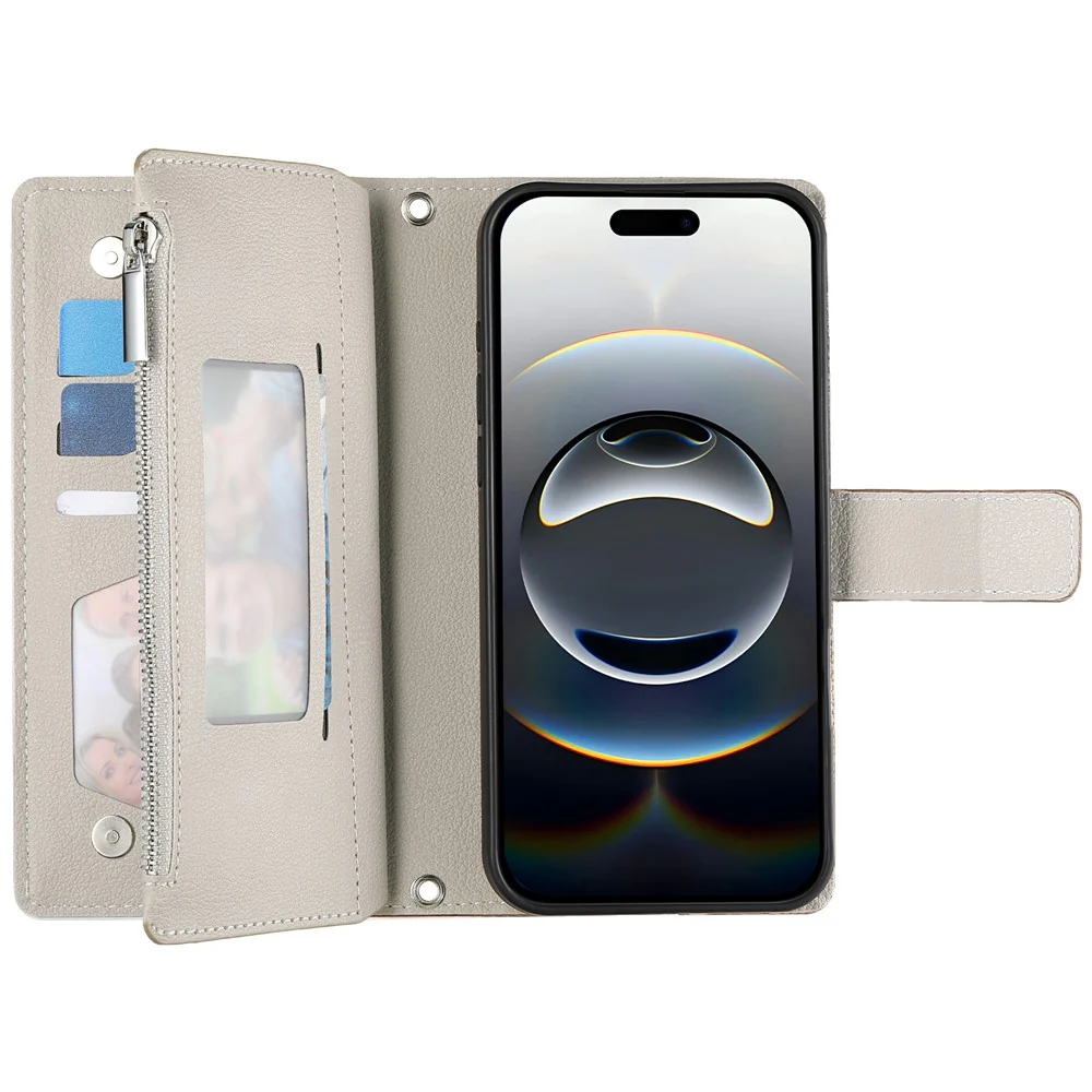 For iPhone 17 Pro Max Case Zipper Wallet Color Splicing Leather Flip Phone Cover with Straps - White - Image 2
