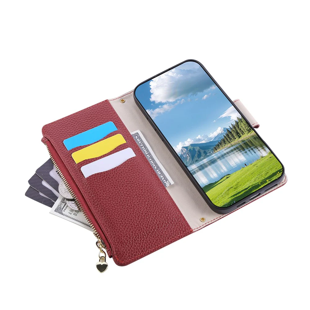 For iPhone 17 Pro Max Case Zipper Wallet Leather Phone Cover with Wrist Strap - Wine Red - Image 3