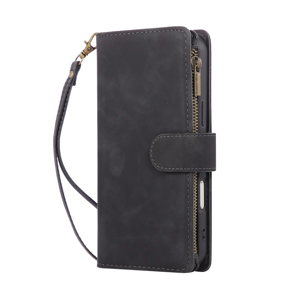 For iPhone 17 Pro Max Case Zipper Wallet Multiple Card Slots Leather Phone Cover with Wrist Strap - Black - Image 7