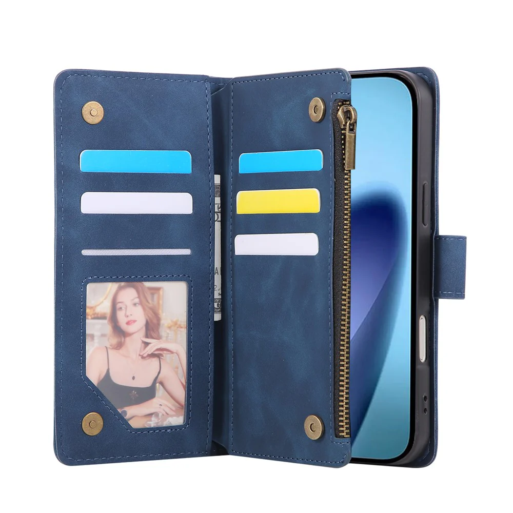 For iPhone 17 Pro Max Case Zipper Wallet Multiple Card Slots Leather Phone Cover with Wrist Strap - Blue - Image 2