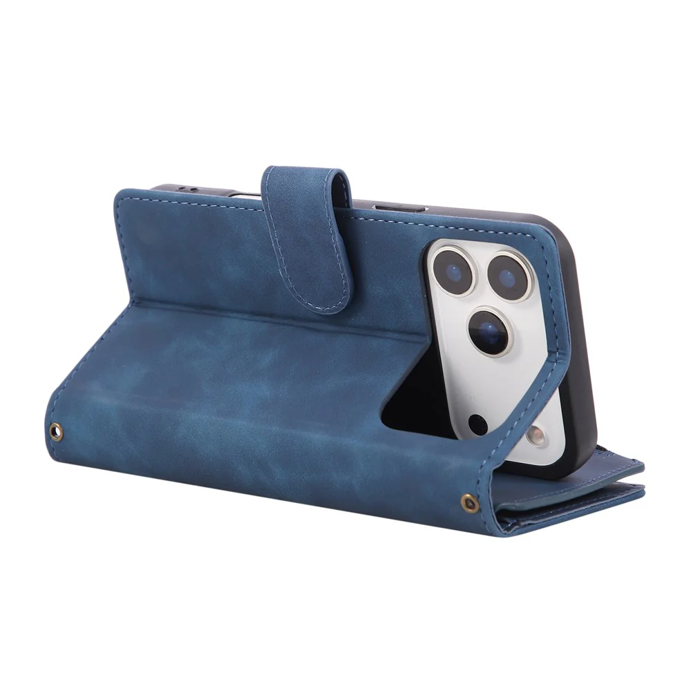 For iPhone 17 Pro Max Case Zipper Wallet Multiple Card Slots Leather Phone Cover with Wrist Strap - Blue - Image 4