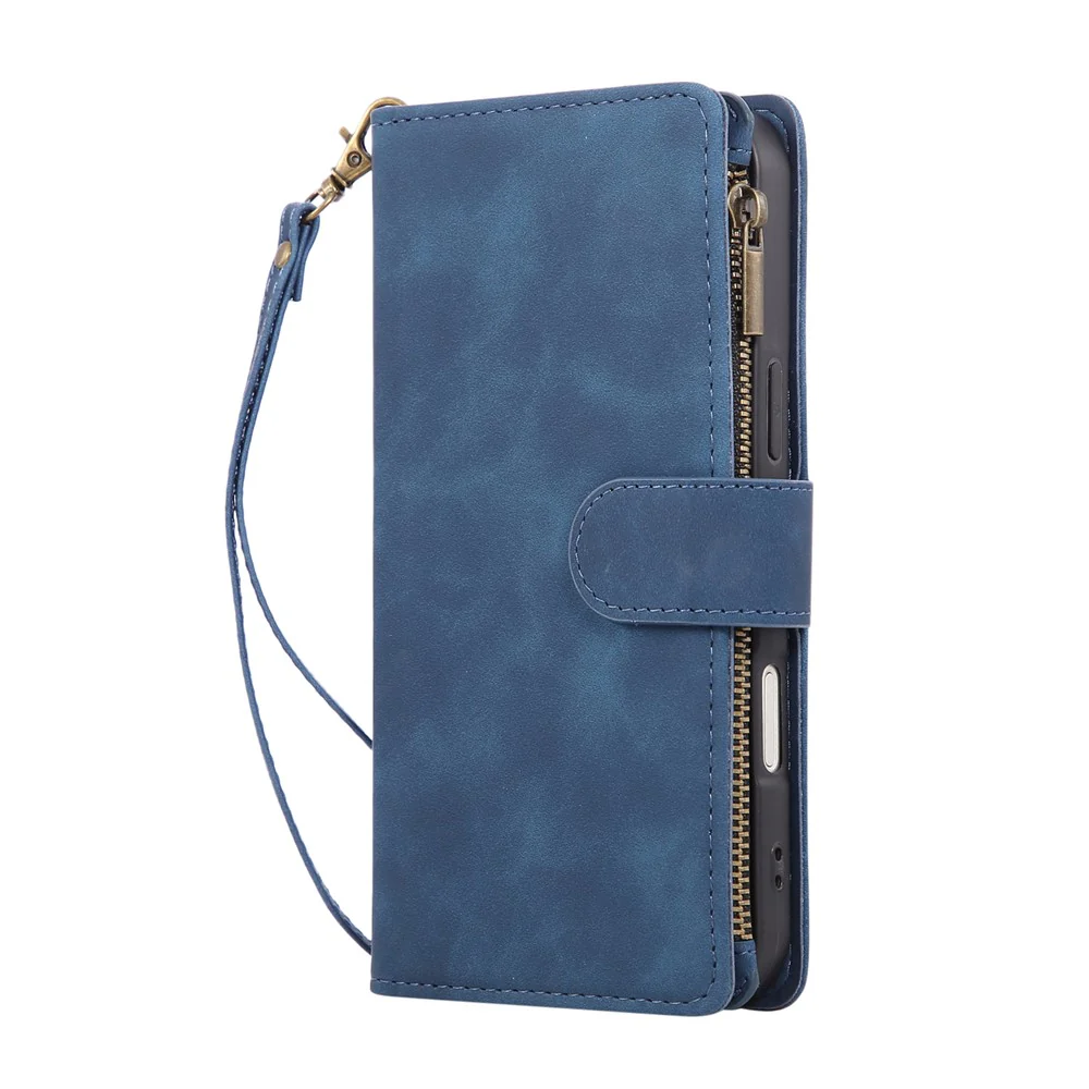 For iPhone 17 Pro Max Case Zipper Wallet Multiple Card Slots Leather Phone Cover with Wrist Strap - Blue - Image 7