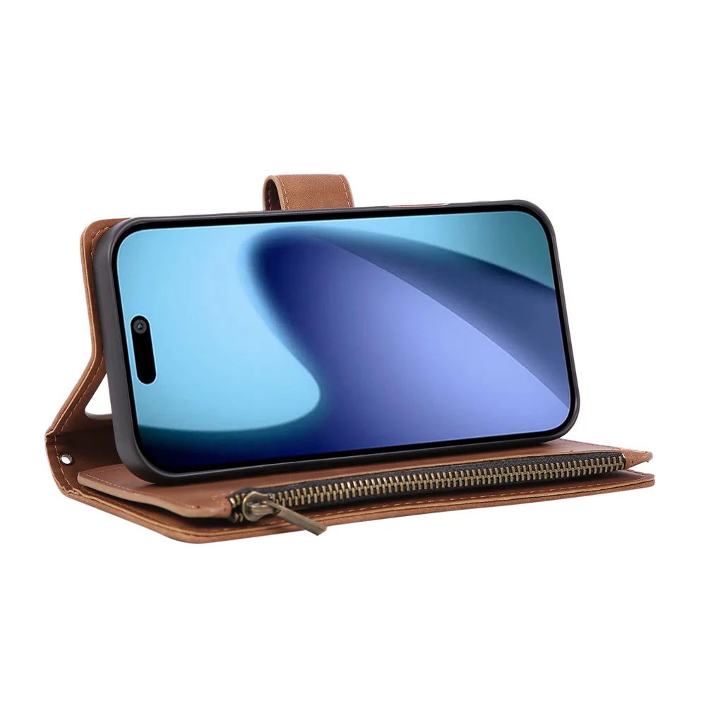 For iPhone 17 Pro Max Case Zipper Wallet Multiple Card Slots Leather Phone Cover with Wrist Strap - Brown - Image 5