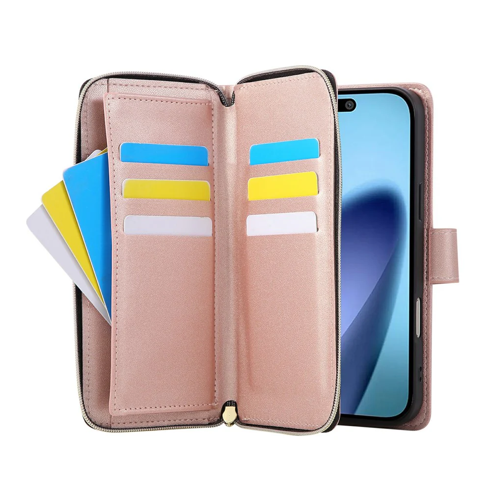 For iPhone 17 Pro Max Case Zipper Wallet Rhombus PU Leather Crossbody Phone Cover - Rose Gold - Image 3