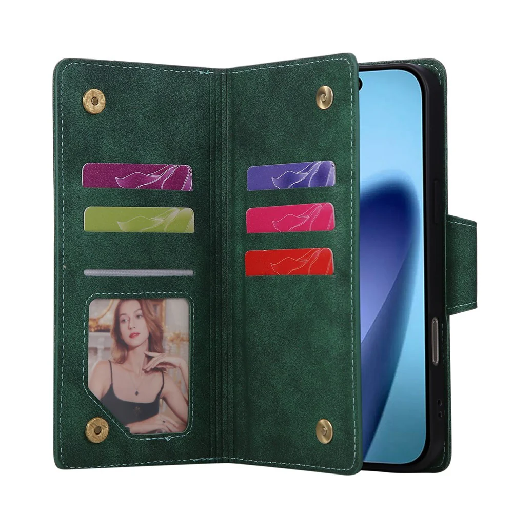 For iPhone 17 Pro Max Case Zipper Wallet Rivet Decor Leather Phone Cover with Wrist Strap - Green - Image 3
