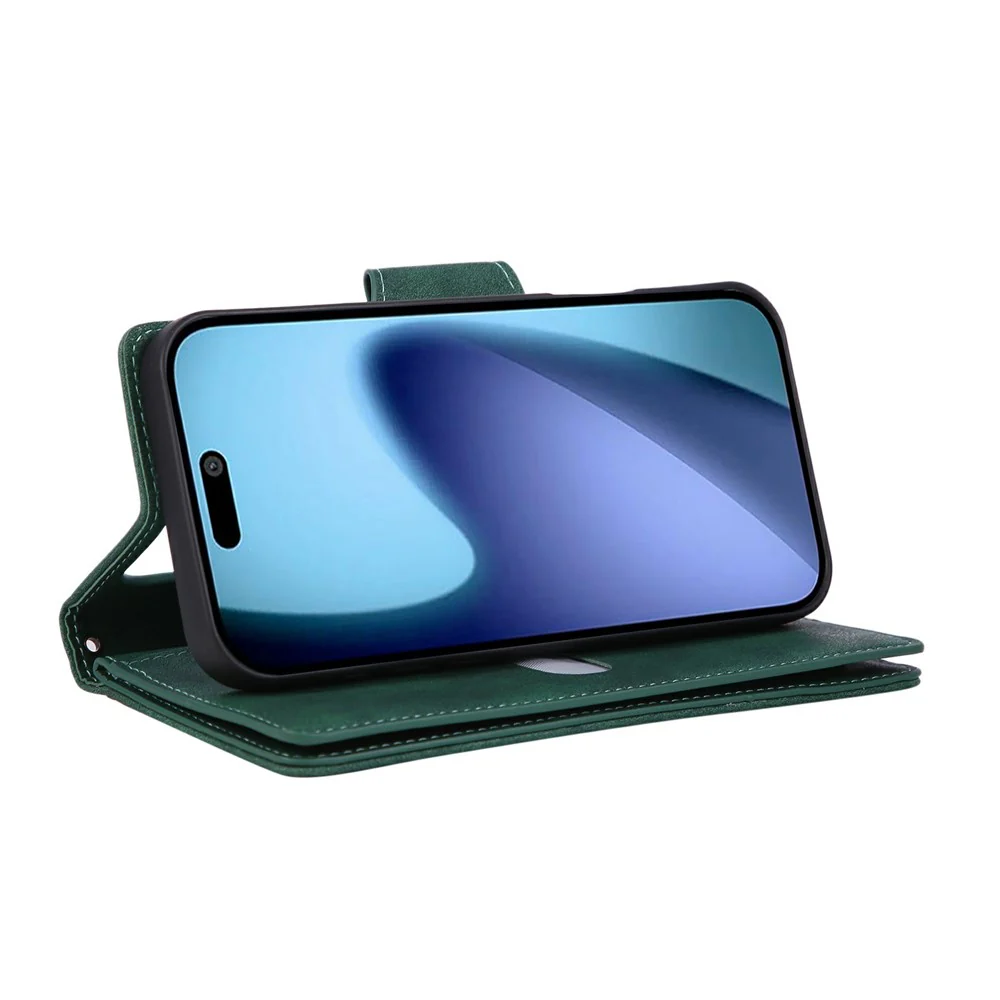For iPhone 17 Pro Max Case Zipper Wallet Rivet Decor Leather Phone Cover with Wrist Strap - Green - Image 4