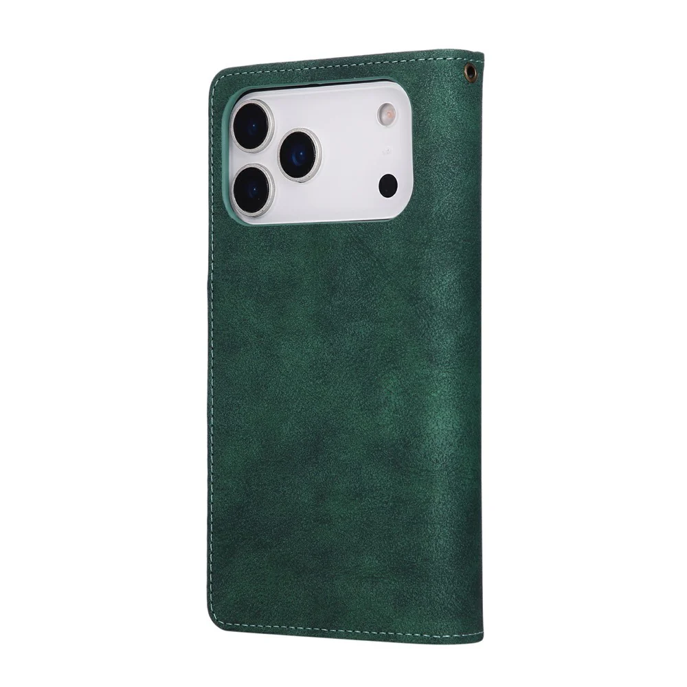 For iPhone 17 Pro Max Case Zipper Wallet Rivet Decor Leather Phone Cover with Wrist Strap - Green - Image 7