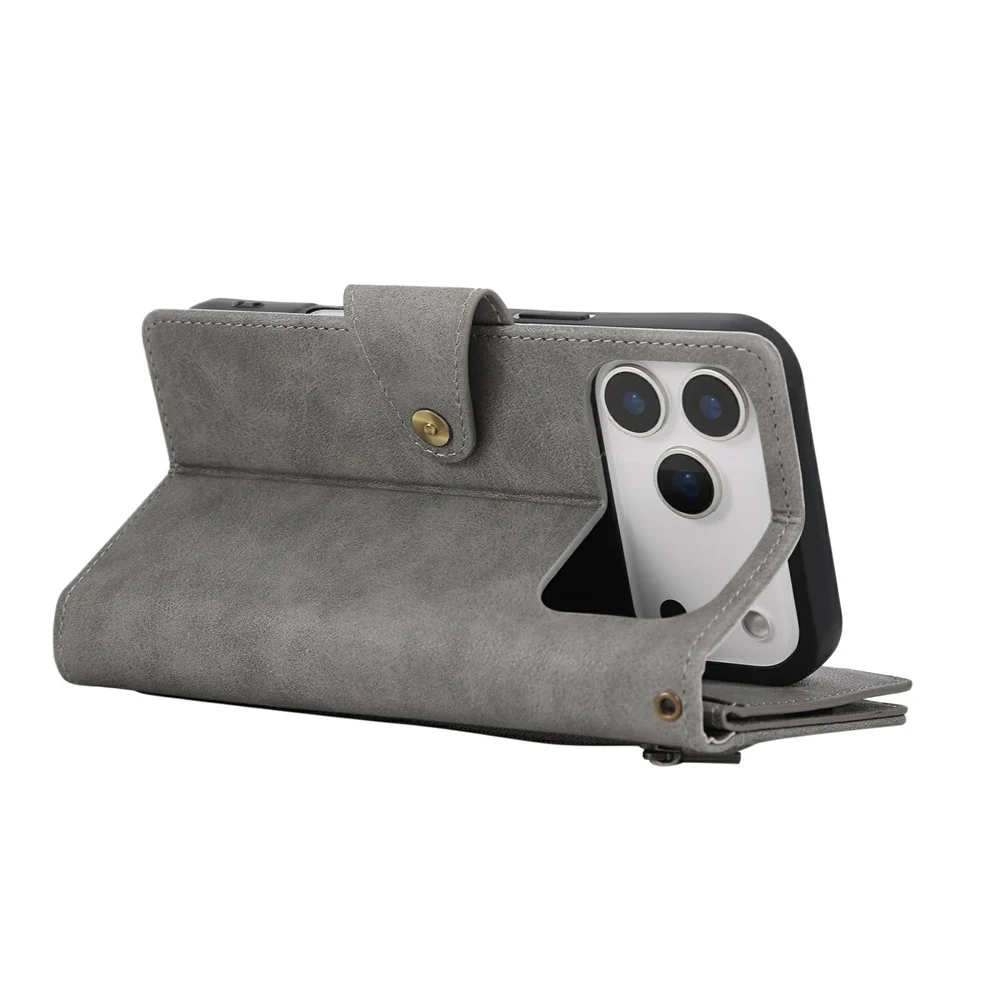 For iPhone 17 Pro Max Case Zipper Wallet Rivet Decor Leather Phone Cover with Wrist Strap - Grey - Image 5