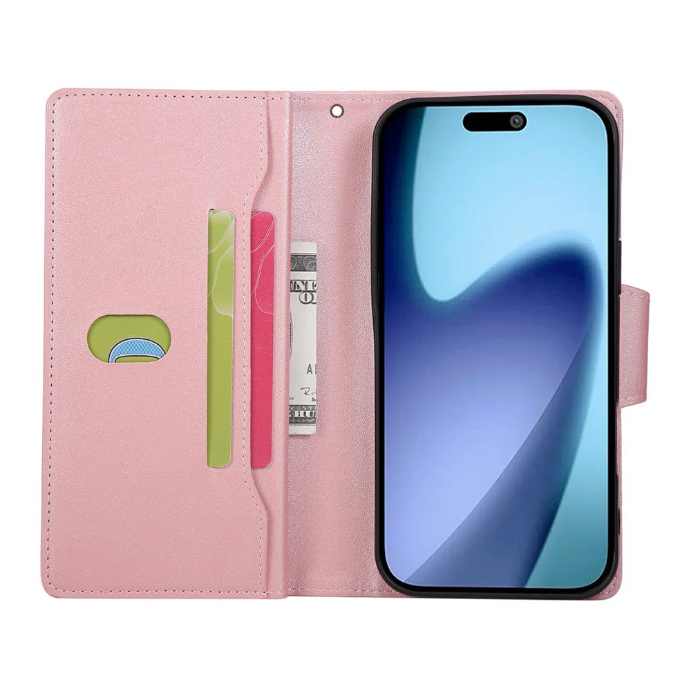 For iPhone 17 Pro Max Case Zipper Wallet Rivet Decor Leather Phone Cover with Wrist Strap - Rose Gold - Image 2