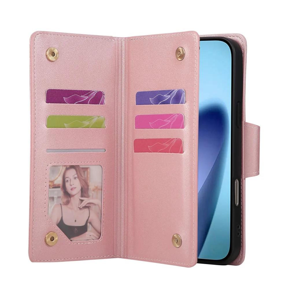 For iPhone 17 Pro Max Case Zipper Wallet Rivet Decor Leather Phone Cover with Wrist Strap - Rose Gold - Image 3