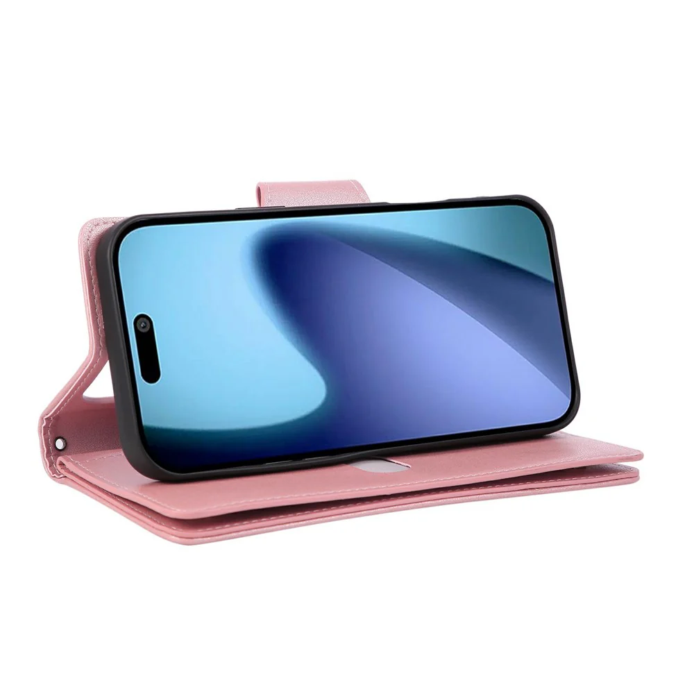 For iPhone 17 Pro Max Case Zipper Wallet Rivet Decor Leather Phone Cover with Wrist Strap - Rose Gold - Image 4