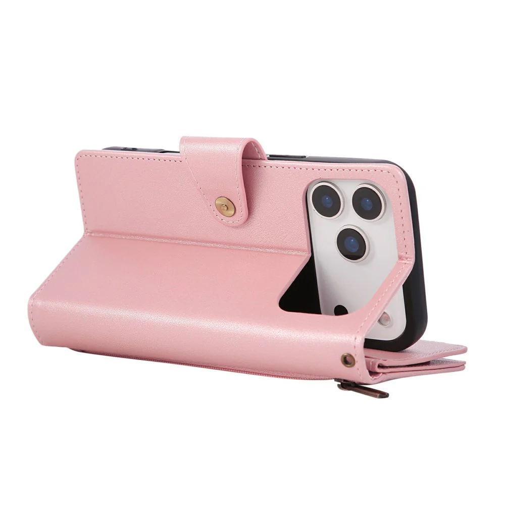 For iPhone 17 Pro Max Case Zipper Wallet Rivet Decor Leather Phone Cover with Wrist Strap - Rose Gold - Image 5