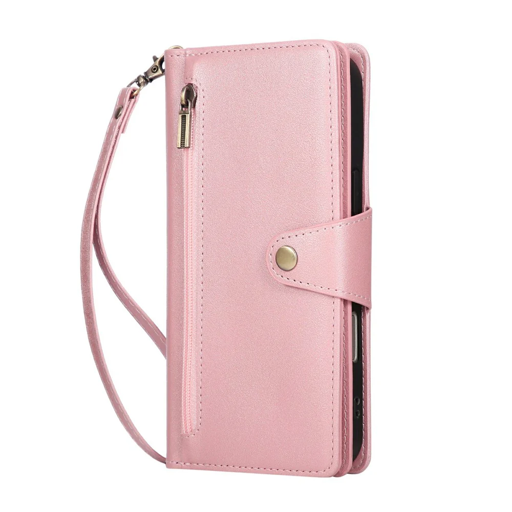 For iPhone 17 Pro Max Case Zipper Wallet Rivet Decor Leather Phone Cover with Wrist Strap - Rose Gold - Image 6