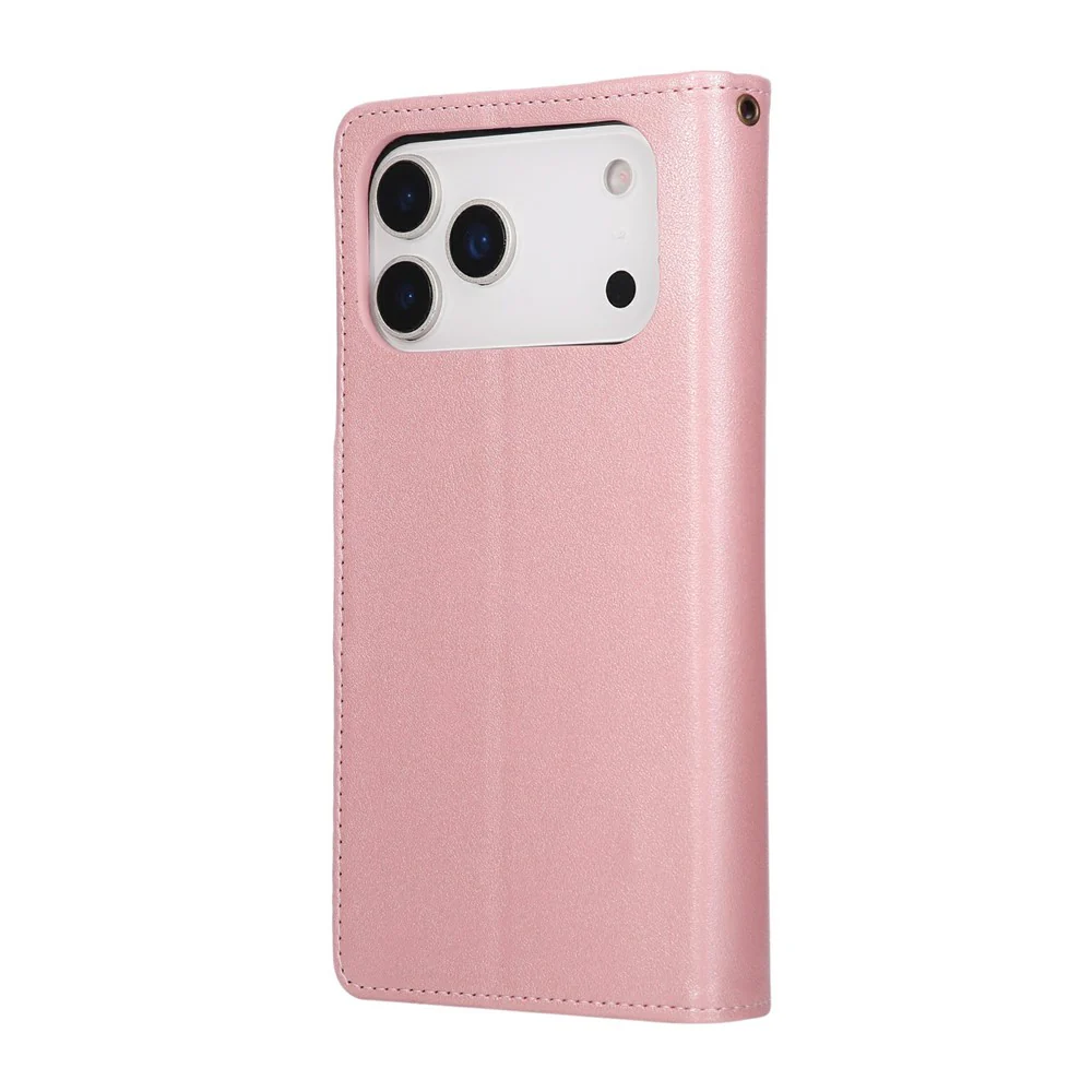 For iPhone 17 Pro Max Case Zipper Wallet Rivet Decor Leather Phone Cover with Wrist Strap - Rose Gold - Image 7