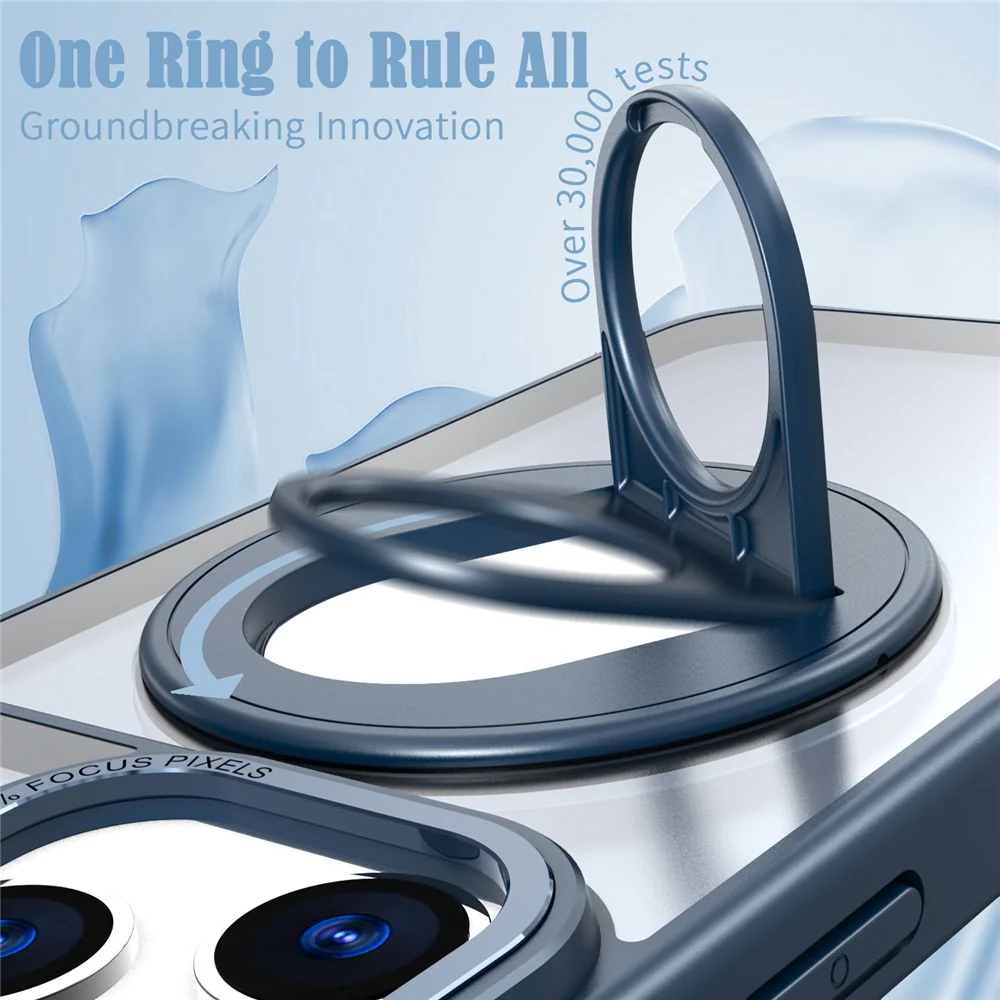 For iPhone 17 Pro Max Clear Back Case Rotating Kickstand TPU + PC Phone Cover Compatible with MagSafe - Dark Blue - Image 5